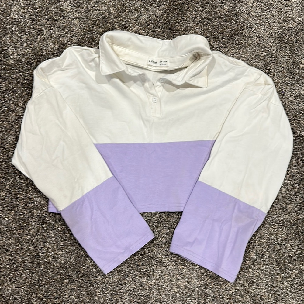 long sleeve half button up half white half purple